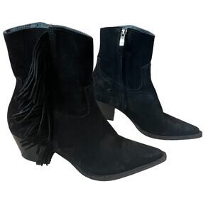 Pinko Fringe Black Suede Leather Western Pointed Toe Block Heel Boots Size 6